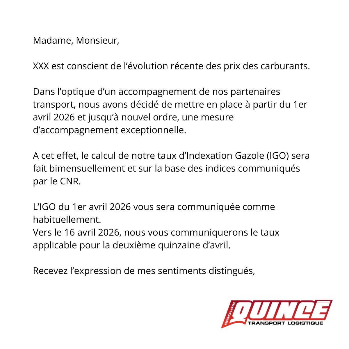 Courrier d'un client QUINCÉ